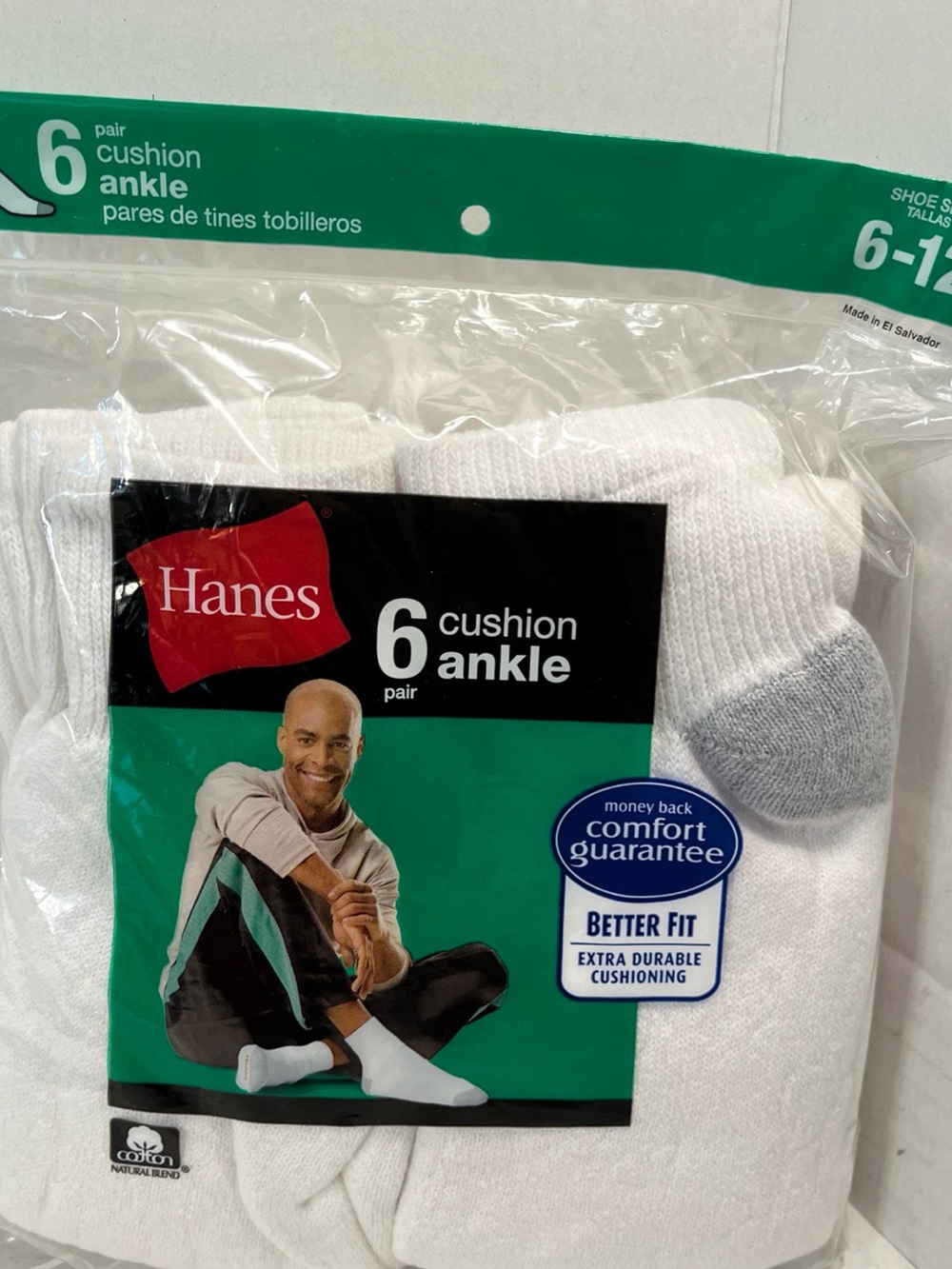 Hanes Men’s 6-Pack Cushion Ankle Socks - White with Gray Heel
